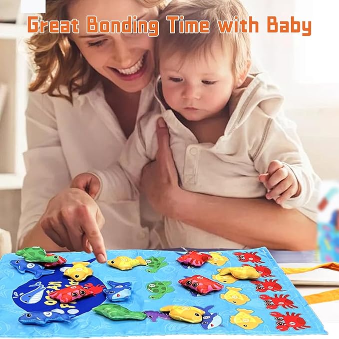 Montessori Toys for 1 Year Old, 22PCS Cloth Fishing Game with Stacking Cups Sensory Baby Toys 6-12 Months,Toddler Education Learning Toys for 1 2 Year Old Boy Girl Gifts (Sea Animals)