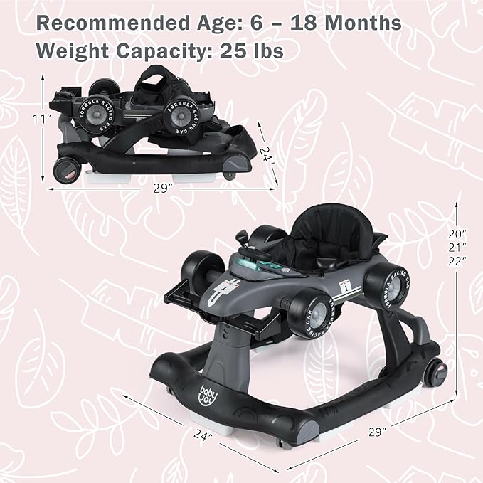 BABY JOY 4-in-1 Baby Walker, Foldable Activity Walker with Adjustable Height & Speed, Music, Lights, Anti-Rollover, Toddler Push Walker, Baby Walker with Wheels for Boys Girls 6-18 Months (Gray)