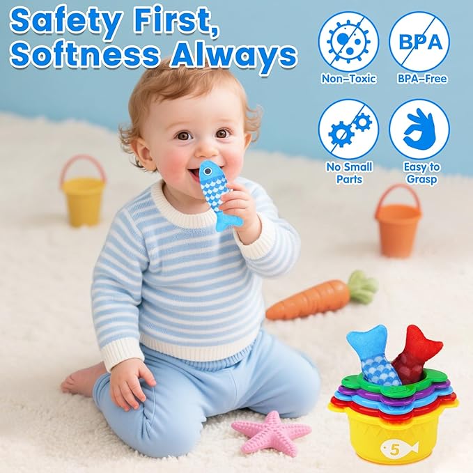 Montessori Toys for 1 Year Old Boy Girl Birthday Gift - Toddler Toys Cloth Fishing Game with Stacking Cups 1-3 - Number Counting Color Sorting Learning Baby Toy 12-18 Months