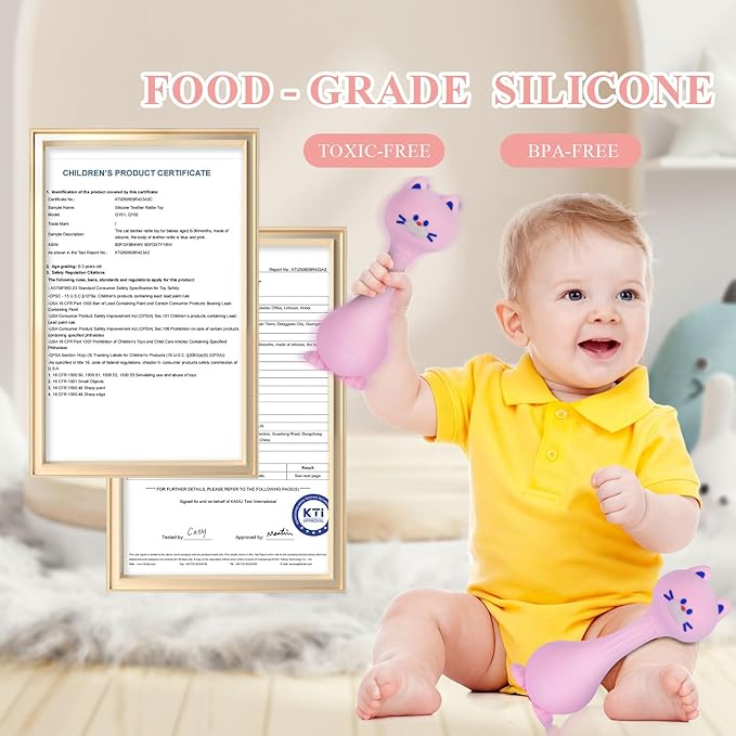 Baby Rattle Teething Toys Cat Silicone Teether Rattles for Baby 0-36 Months Food Grade Silicone (Pink)