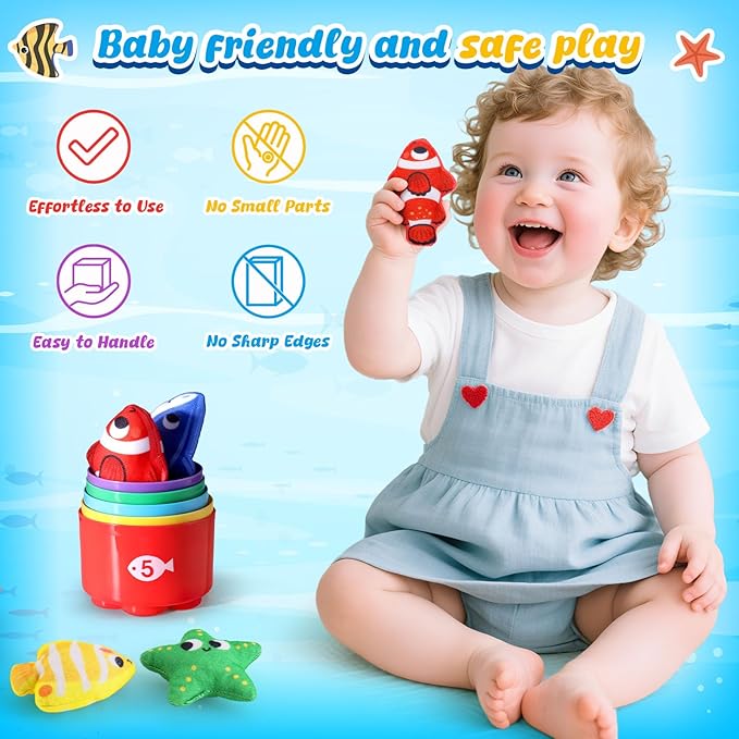 LovesTown Montessori Toys for Toddlers, Preschool Learning Toys Cloth Fishing Games with Stacking Cups Color Sorting Game for Kids Boys Girls Christmas Party Favors Gifts