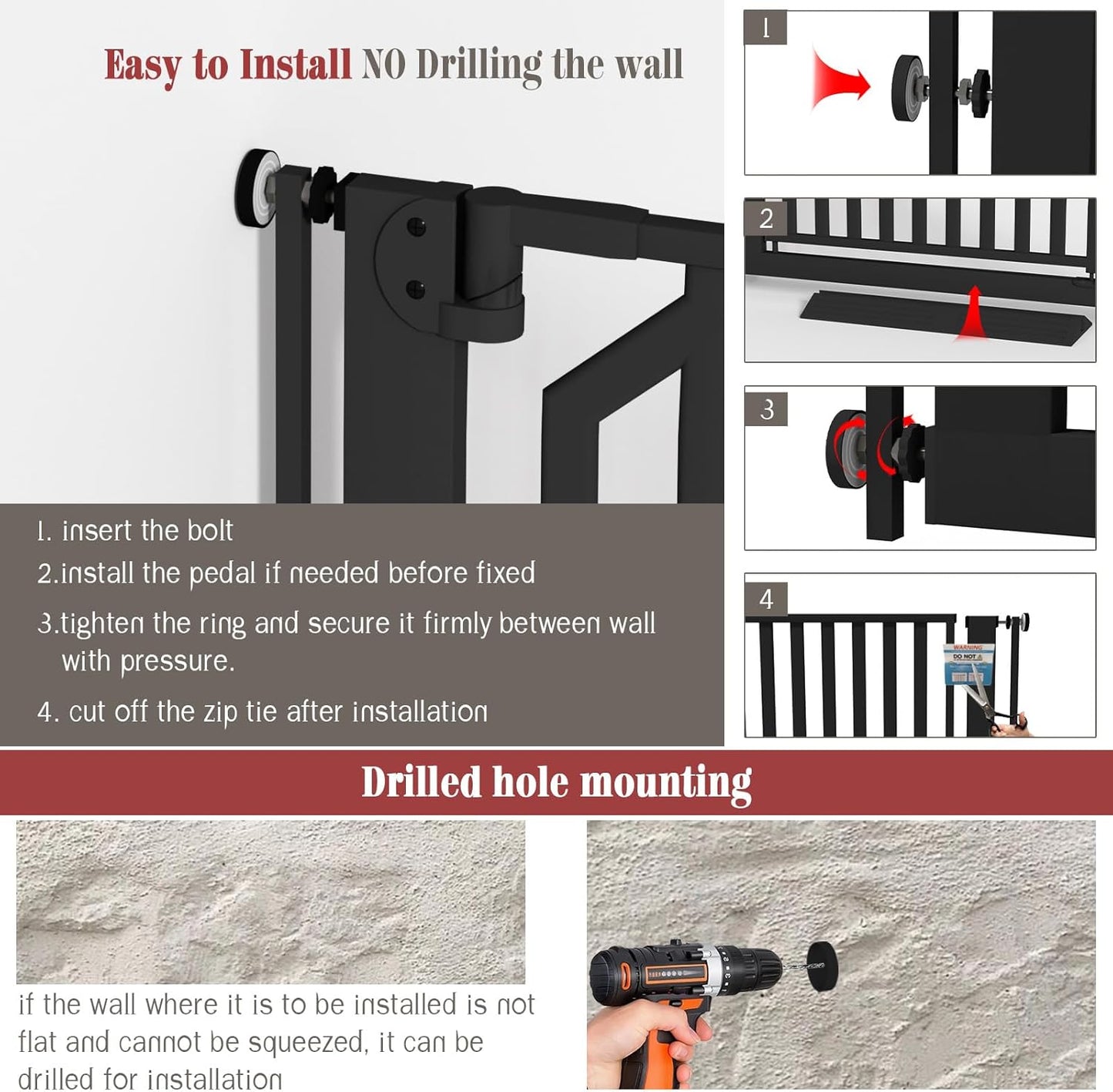 Glaf Extra Tall Pet Gate 63" Pressure Mounted Cat Door Safety Metal Cat Gate Adjustable Width Dog Door Auto-Close Dog Gates for Doorways, Stairs, Kitchen, Hallway (Black, 29.92-33.46")