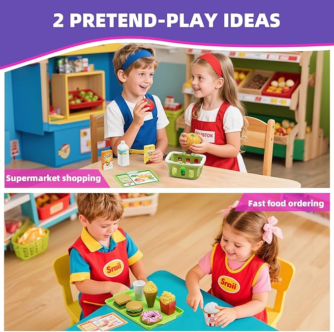 Kids Cash Register Toys, Rechargeable Wooden Toddler Pretend Play Supermarket & Fast Food Restaurant, Cashier Toy with Play Money, Pretend Food, Birthday Gifts for Kids Boy & Girl Age 4-8, Pink