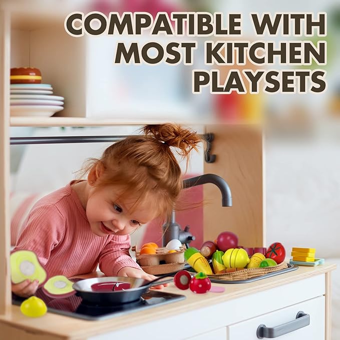 Wooden Play Food Sets for Kids Kitchen Toddlers Wood Toys Cutting Fruit Pretend Food Play Kitchen Accessories Set for Boys and Girls