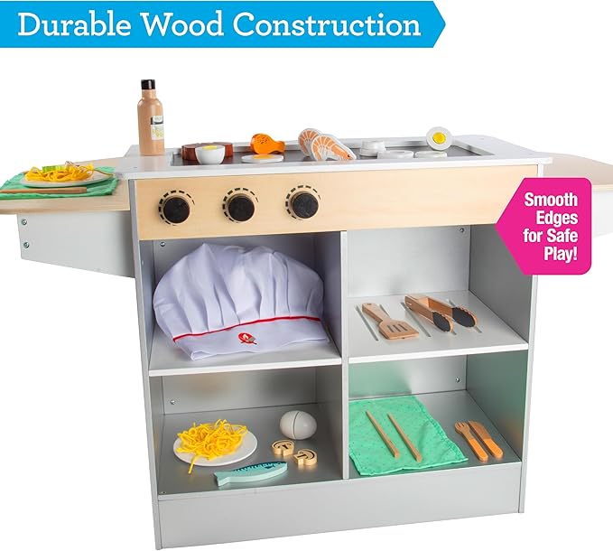 Hibachi Grill Wooden Kids Playset w Stools, Table Settings, 25+ Toy Food Pieces- Noodles Tongs Meats Veggies- Everything Little Chef Needs for Pretend Play, Indoor Japanese Restaurant Stand, Xmas Gift