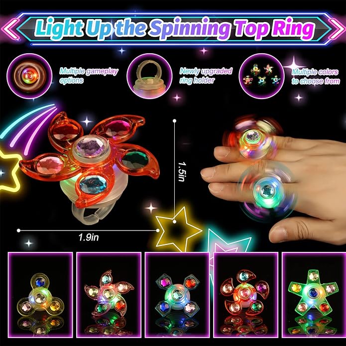 26 Pcs Glow Fidget Spinner Rings Bulk, LED Finger Lights Rotating Toy, Glow in The Dark Party Favor for Kids 4-12 Light Up Treasure Box Goodie Bag Basket Birthday Gifts for Boy Girl Christmas NewYear
