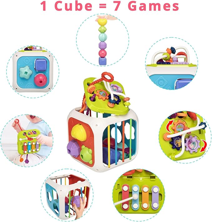 Montessori Toys for Toddlers, 7-in-1 Activity Cube, Shape Sorter Toy| Baby Developmental Learning Toys| First Birthday Gifts