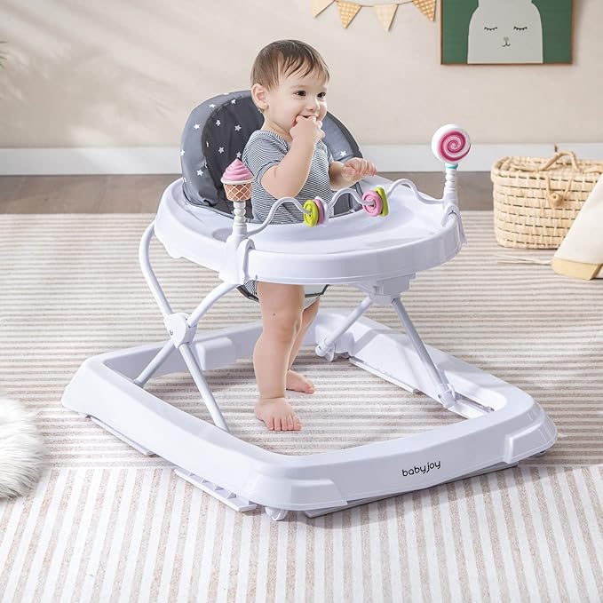 BABY JOY Baby Walker, Foldable Activity Walker with Adjustable Height, Large Tray & Removable Toys, Baby Walker with Wheels for Boys Girls 6-18 Months (Gray, Star Pattern)
