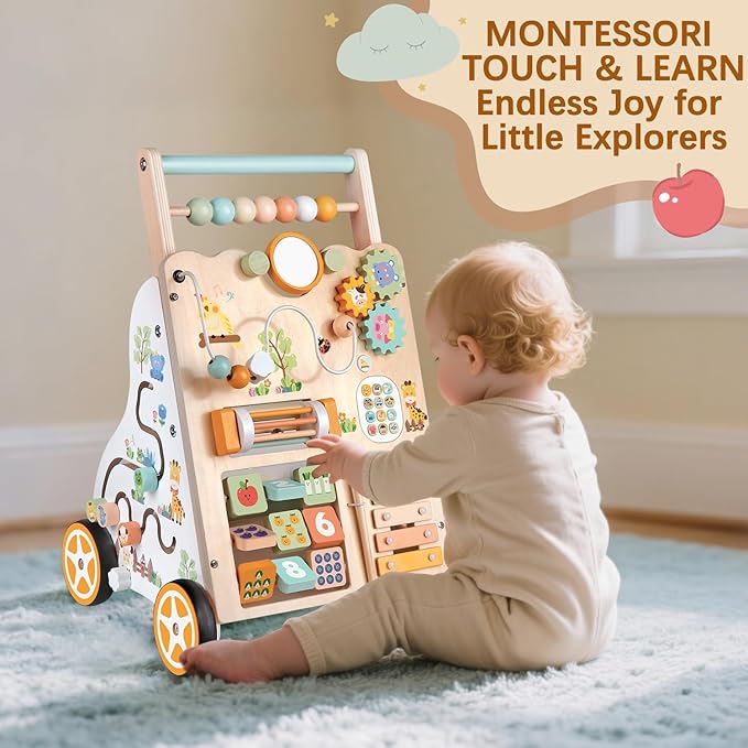 Baby Push Walker, Wooden Baby Walker with Wheels, Montessori Activity Center for 1 2 3 Years Old Boys Girls, Adjustable Speed & Height Push Toy for Toddler Learning to Walk, Gift for Kids Development