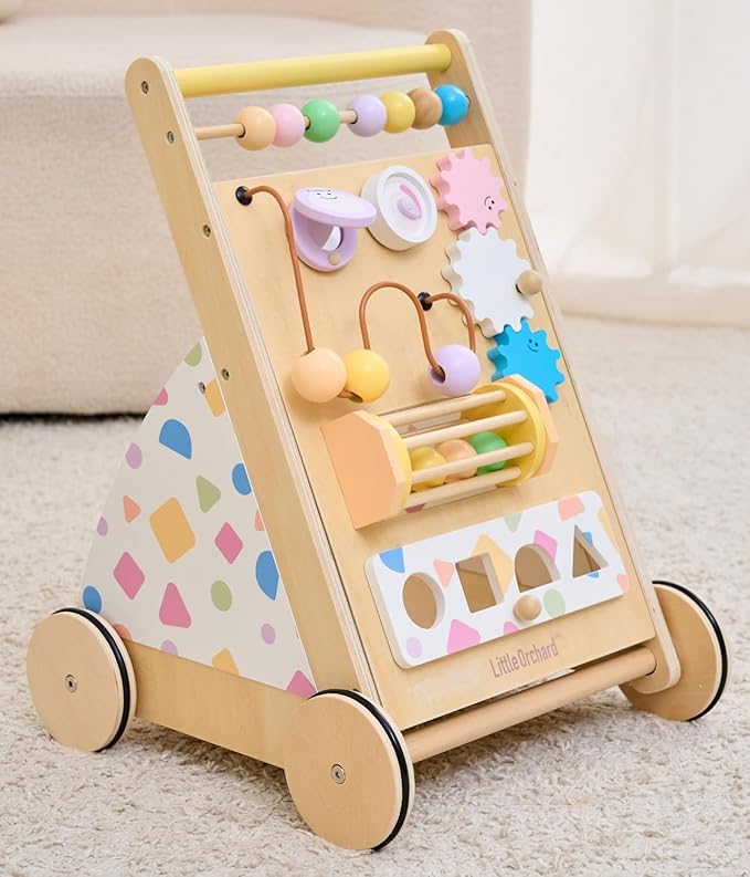 Wooden Baby Walker, Montessori Push Walker｜Busy Board for Fine Motor Skill Development｜Upgraded 2.0 Brake System Speed Control & Full Stop｜Baby Walker with Wheels for Boys and Girls 1+yr
