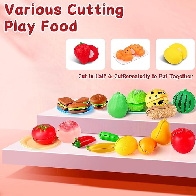 134 Pcs Toy Kitchen Accessories, Toddler Pretend Cooking Toys with BBQ Grill, Pressure Cooker, Kettle, Pots, Pans, Kitchen Playset for Cutting Play Food, Learning Gift for Girls Boys