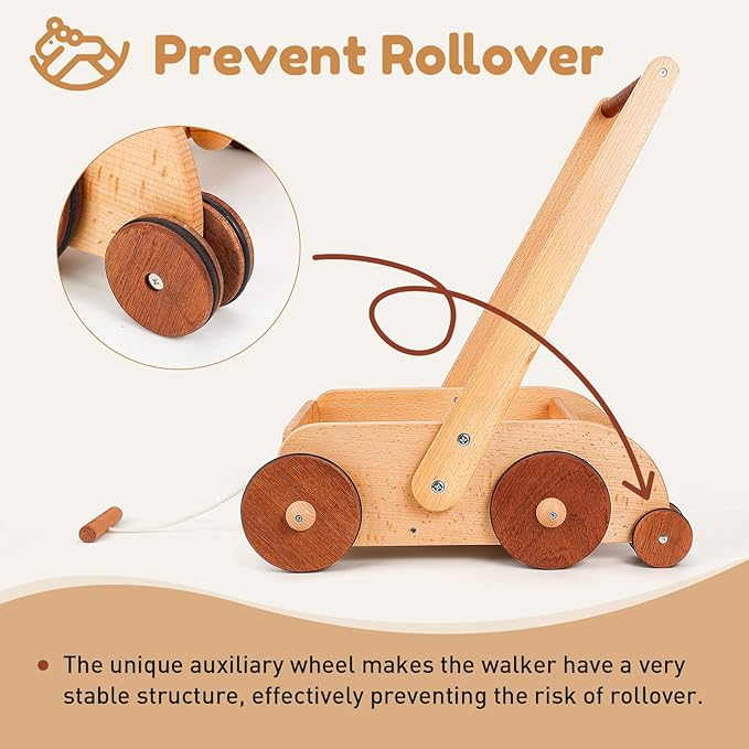 Woodtoe Wooden Baby Walker, Adjustable Speed Anti-Rollover Push Walker Toy for Babies Learning to Walk, Natural Wood Toddler Push and Pull Toys Wagon Christmas Toy for Boy Girl 12 3, 1st Birthday Gift