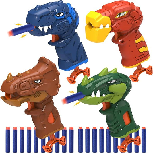 4-Pack Mini Dinosaur Toy Guns Set for Kids Nerf Party Favors, Family Small Dino Blaster Bulk for Toddlers Age 3 4 5 6, Ideal Boys Gift Birthday Valentine Easter Christmas Stocking Stuffers