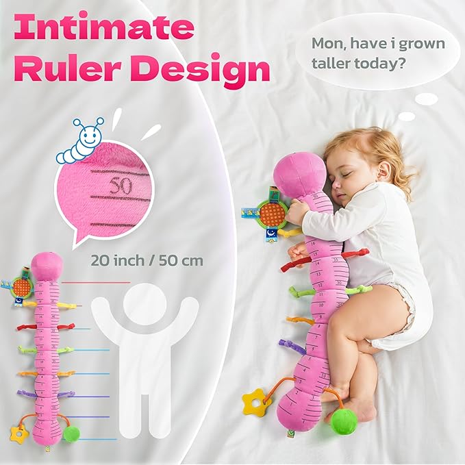 HEMRLY Baby Sensory Toy 0-6 Months, Musical Stuffed Caterpillar Plush with Teether, Crinkle, Rattle, Baby Mirror for Tummy Time, Infant Car Seat Toy for 0-3-6-12 Month Boys Girls Gifts - Knotted Pink