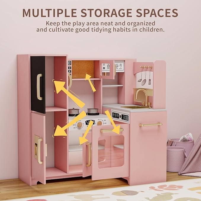 Kids Kitchen Playset with Lights & Sounds, Wooden Corner Play Kitchen with Sink,Oven, Ice Maker & Pretend Play Accessories, Educational Toy Kitchen Set for Toddlers, Pink