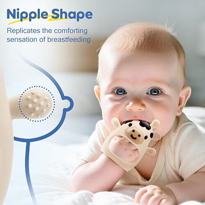 TOHIBEE 2 Packs Baby Teething Toys for 0-6 6-12 Months, Food Grade Silicone Adjustable Cow Teething Mitten, Chew Teether Toys for Teething Pain Relief, Baby and New Born Essentials, Blue & White