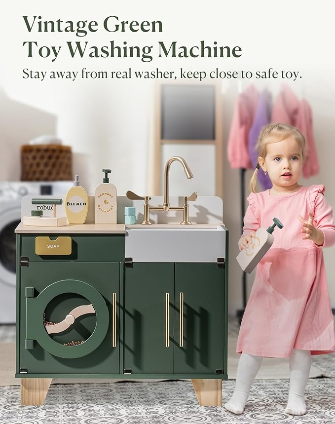 ROBUD Kids Play Kitchen - Wooden Multi-Function Washing Machine for Kids Kitchen Playset - Pretend Toddlers' Kitchen Toy Washer with Accessories - Perfect Baby Gift for Ages 3-8