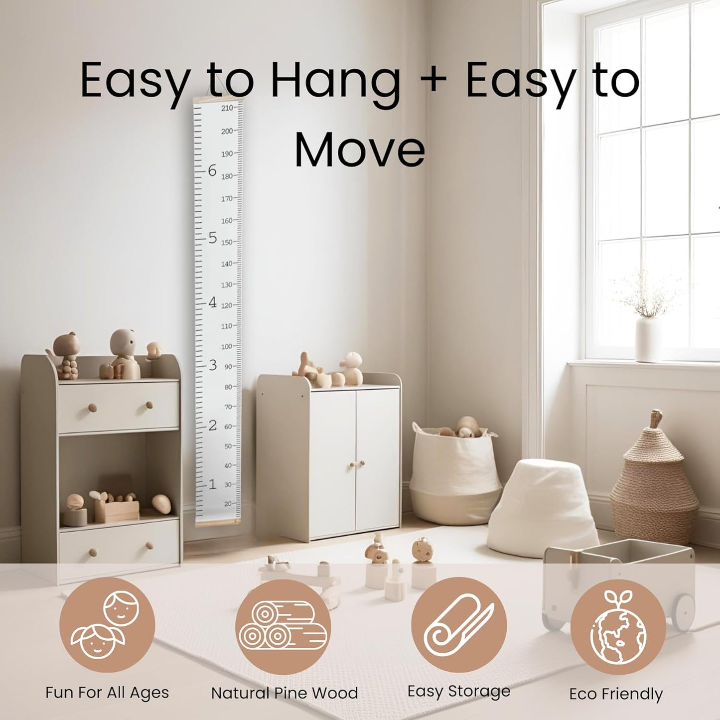 Growth Chart for Wall | Kids Height Chart Canvas Ruler with Wooden Storage Box | Waterproof Measuring Chart | Nursery Decor & Baby Shower Gift