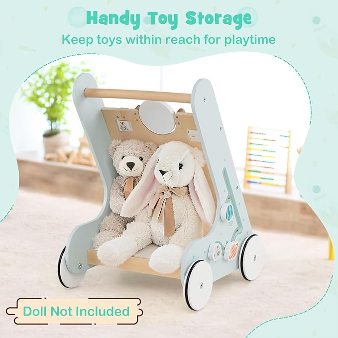 HONEY JOY Baby Push Walker, Wooden Infant Walker Activity Center with Shape Sorter, Develop Motor Skills & Creativity, Push Toys for Babies Learning to Walk, Gift for Boys and Girls, Light Blue