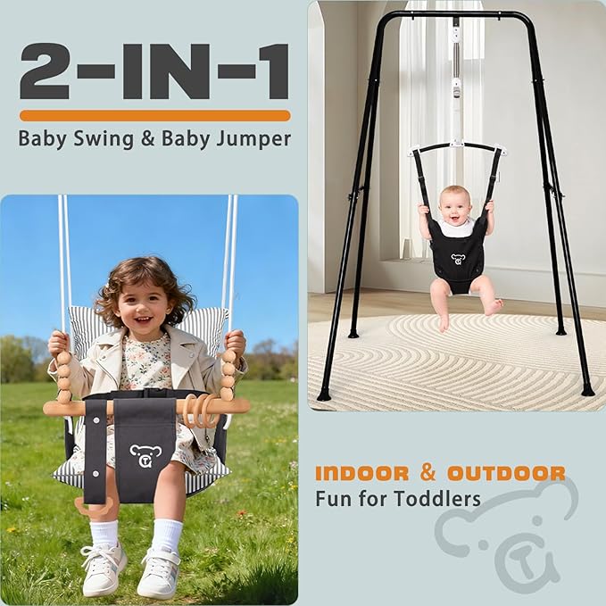 2-in-1 Baby Jumper & Swing - Foldable Stand, Stable Toddler Swing Set for Indoor & Outdoor Use (Black)
