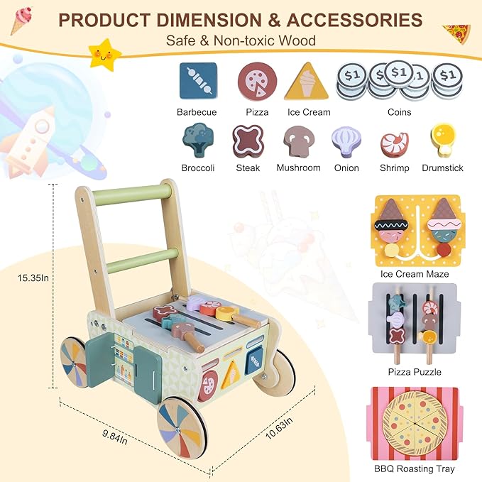 Wooden Baby Walker with Wheels, Montessori Kitchen Walking Toys, Pretend Play Grocery Toys, Sorting and Stacking Toys for Infants and Toddlers, Push and Pull Learning Activity Walkers
