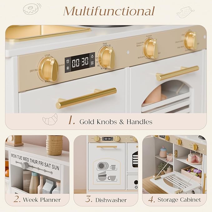 Play Kitchen Set, Kids Kitchen Playset with 21 Fun Accessories, Toy Kitchen Set with Realistic Appliances, Smart Storage, Wooden Play Kitchen for Kids, Gift for Ages 3+ (White & Gold)