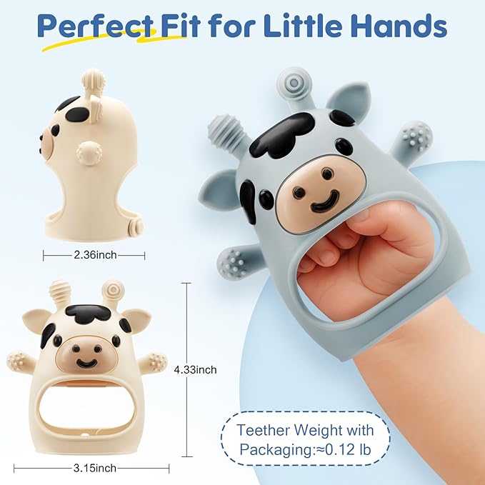 TOHIBEE 2 Packs Baby Teething Toys for 0-6 6-12 Months, Food Grade Silicone Adjustable Cow Teething Mitten, Chew Teether Toys for Teething Pain Relief, Baby and New Born Essentials, Blue & White