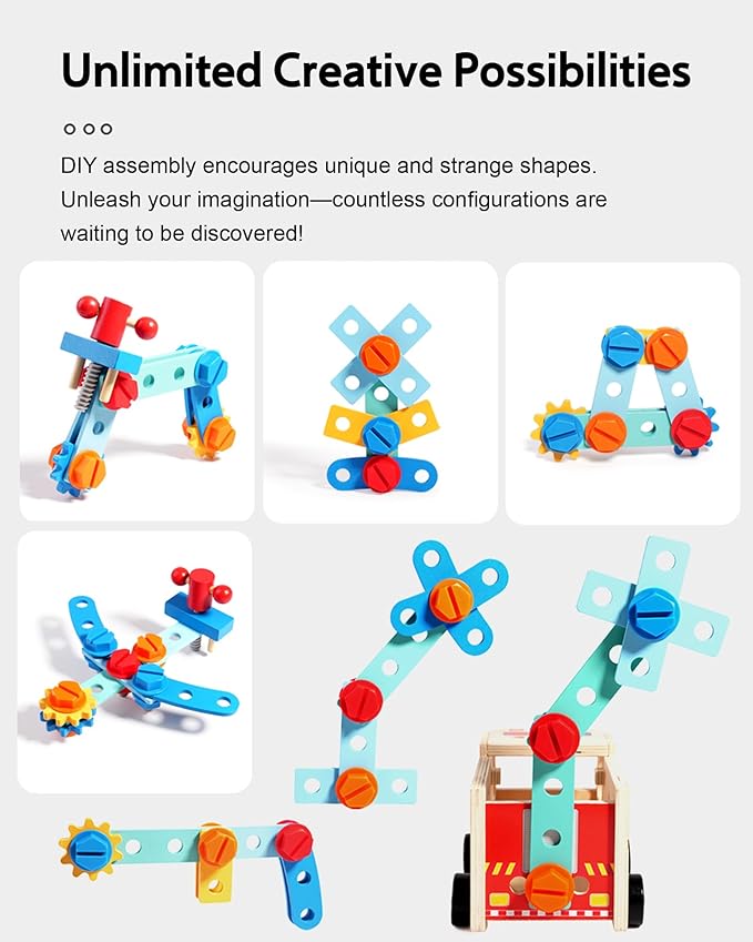 33-Piece Wooden Tool Set for Toddlers, Fire Truck Toolbox & Workbench Montessori Toys for 3-6 Year Olds, STEM Educational Pretend Play Tools, Construction Learning Gift for Boys Girls