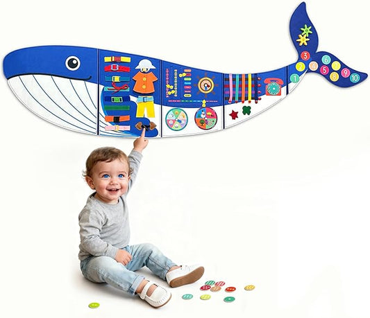 Whale Montessori Busy Board Toddler Busy Board, Activities Foldable Montessoris Toys for 3+ Years Old Wall Panel