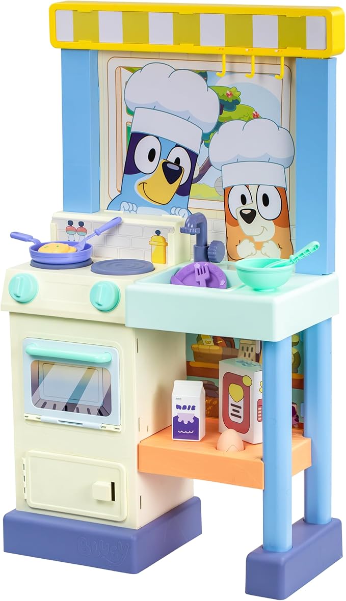 Bluey Kitchen Play Set for Kids Ages 4-8, 3ft Tall Pretend Kitchen Playset Stove, Sink, Oven & 20+ Accessories Chef Hat, Kid Play Kitchen