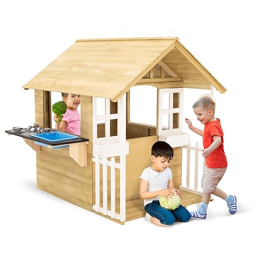 TP Toys Outdoor Kids Kitchen Playset Wooden Playhouse for Kids - Toddler Pretend Play Kitchen, Accessories, Sturdy, Weatherproof, Door, Windows, Sink, Wood Burner Stencils, Easy Assembly, Ages 3+