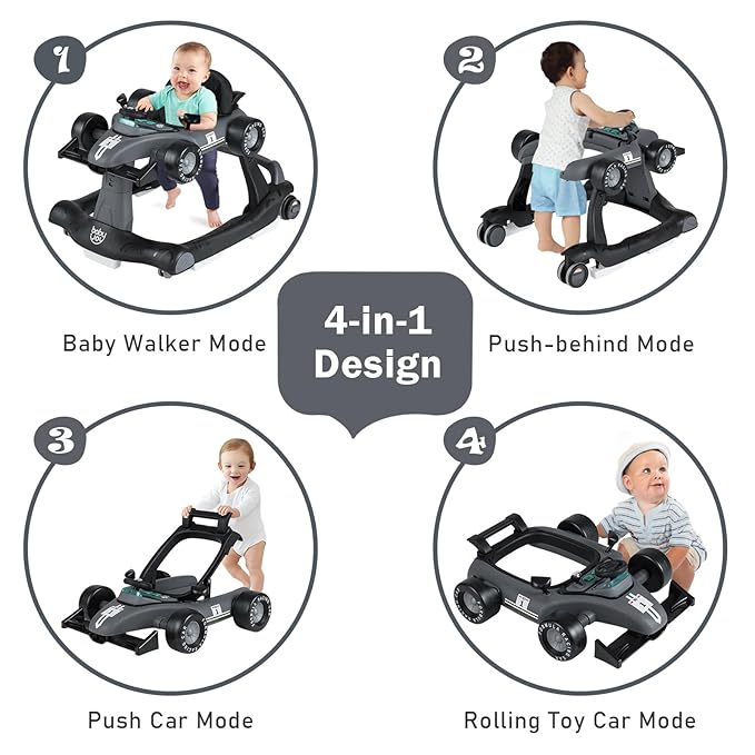 BABY JOY 4-in-1 Baby Walker, Foldable Activity Walker with Adjustable Height & Speed, Music, Lights, Anti-Rollover, Toddler Push Walker, Baby Walker with Wheels for Boys Girls 6-18 Months (Gray)