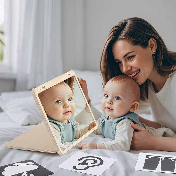 Tummy Time Play Set Adjustable Angle, Double-Sided Design, Montessori Tummy Time Toys Large Baby Safe Mirror and Card Display Stand with Black and White High Contrast Baby Cards