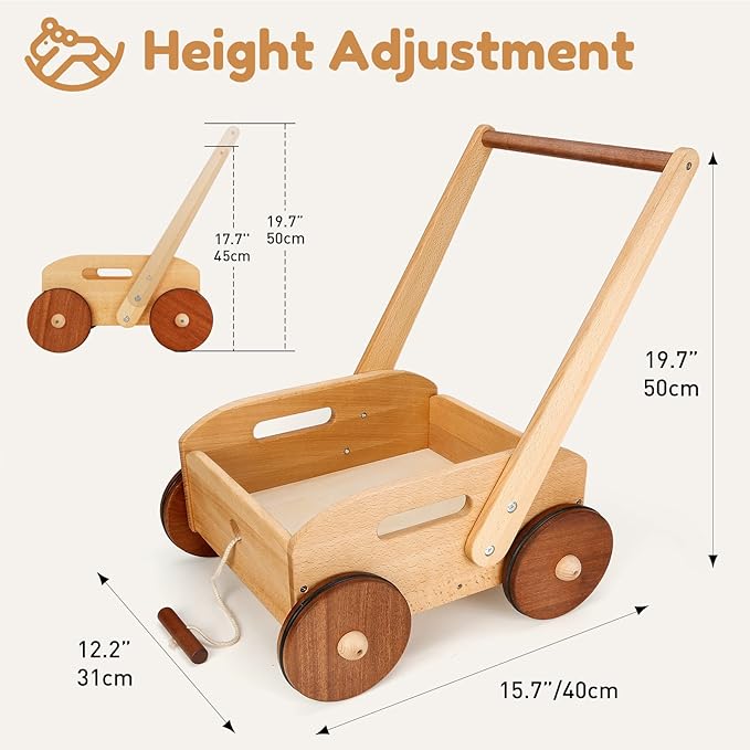 Woodtoe Wooden Baby Walker, Adjustable Speed Baby Push Walker, Montessori Push Toys for Babies Learning to Walk, Educational Walking Toys Gift for Toddler Boys Girls 1 2 3 Years Old