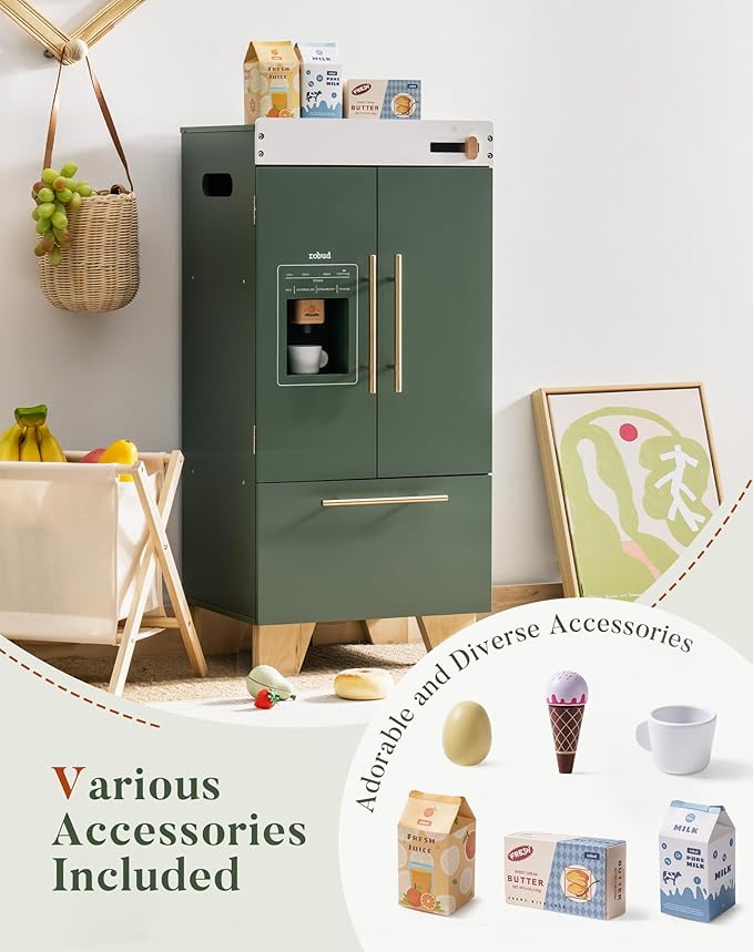 ROBUD Kids Play Kitchen - Vintage Green Refrigerator for Kids Kitchen Playset with Accessories - Pretend Toddlers' Kitchen Toy Fridge - Perfect Baby Gift for Ages 3+, Vintage Green