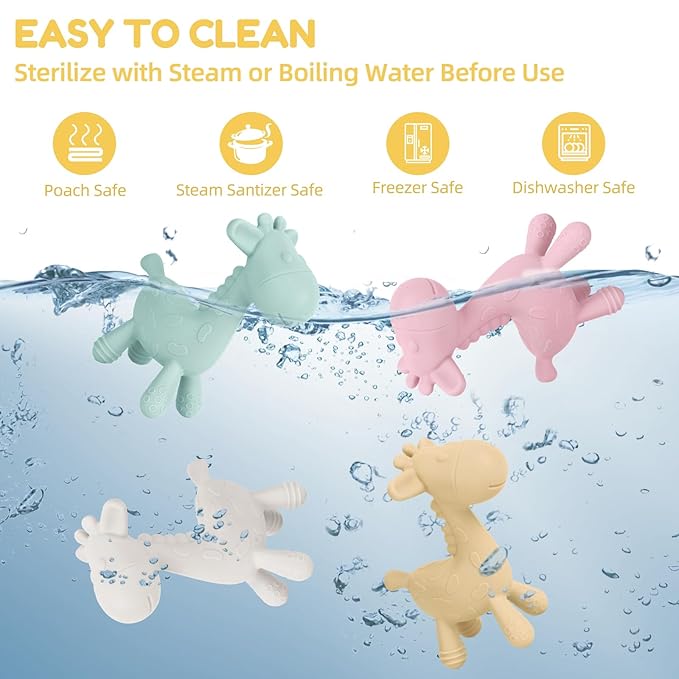 TYRY.HU Baby Teething Toys for Babies 0-6 6-12 Months,BPA Free Silicone Giraffe Teethers for Babies 3-6 months, Soft Chew Toys for Sore Gum, Montessori Sensory Toys Gifts for Infant Boys Girls, 4 Pack