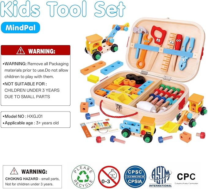 45 Pcs Kids Tool Set, Toddler Tool Set with Tool Box, STEM Construction Preschool Educational Toys for Age 3 4 5 6 7 Boys Girls, Wooden Tool Kits Toys, Christmas Birthday Present for Kids