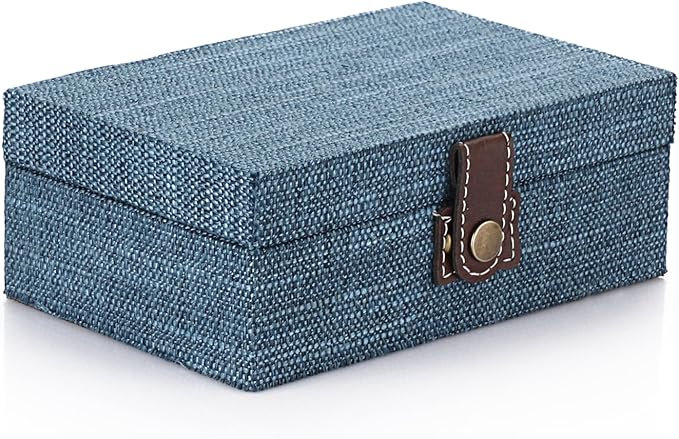 Hipiwe Treasure Chest Jewelry Box - Wooden Decorative Box with Clasp Linen Covered Memento Case Box Rectangular Keepsake Box Photos Storage Organizer Home Decor,Blue