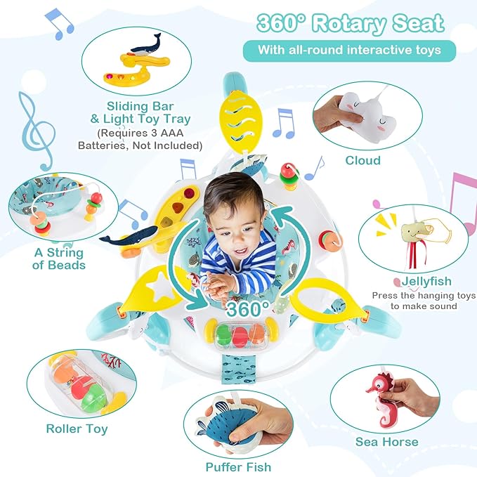 HONEY JOY Baby Bouncer Activity Center, Infant Jumper and Table w/ 360° Rotary Seat, 3 Adjustable Heights, Mat, Music, Lights, Sounds & Developmental Toys, Activity Center for Babies (Light Blue)