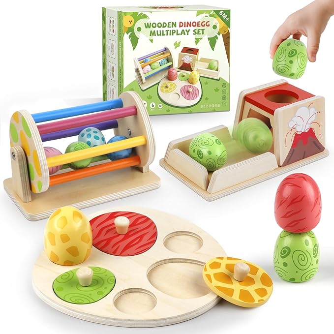 Montessori Toy Wooden Baby Toy Dinosaur Egg Toy, Spinning Drum, Object Permanence Box Ball Drop Toy, Stacking Matching Shape Puzzle Game Early Learning Gift Christmas Birthday for Toddlers