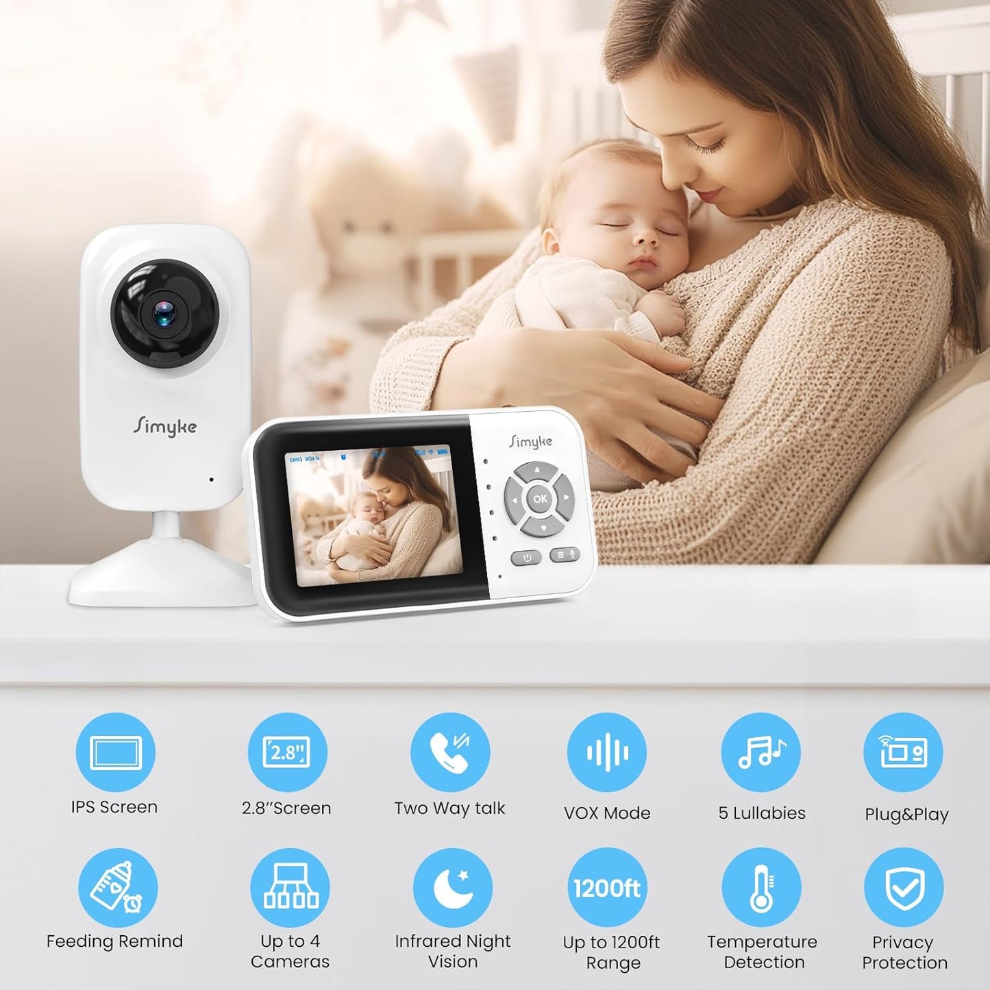 2Cameras Video Baby Monitor,Two Mode,2.8'' IPS Display Screen,Night Vision,2-Way Talk,1200ft Long Range,VOX,Lullaby,Free Smart Phone App, Works with iOS, Android,Ideal for Baby/Elderly/Pet