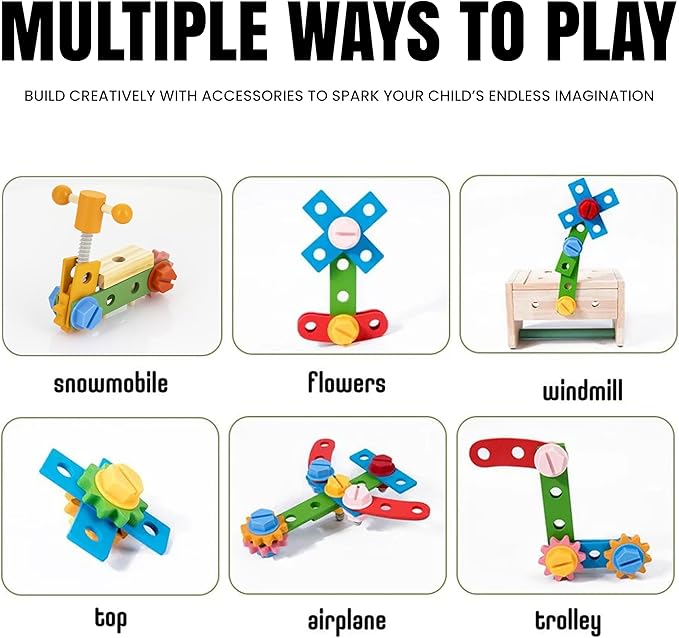 Kids Tool Set – 35 Pieces Wooden Toddler Tool with Box – Montessori STEM Educational Pretend Play Construction Toy for 3 to 8 Year Old Boys Girls – Best Birthday Gift