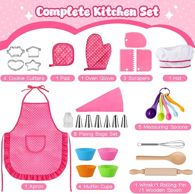 LovesTown Kids Cooking and Baking Sets, 32PCS Pretend Play Toys for Toddler Dress Up Clothes Birthday for Girls