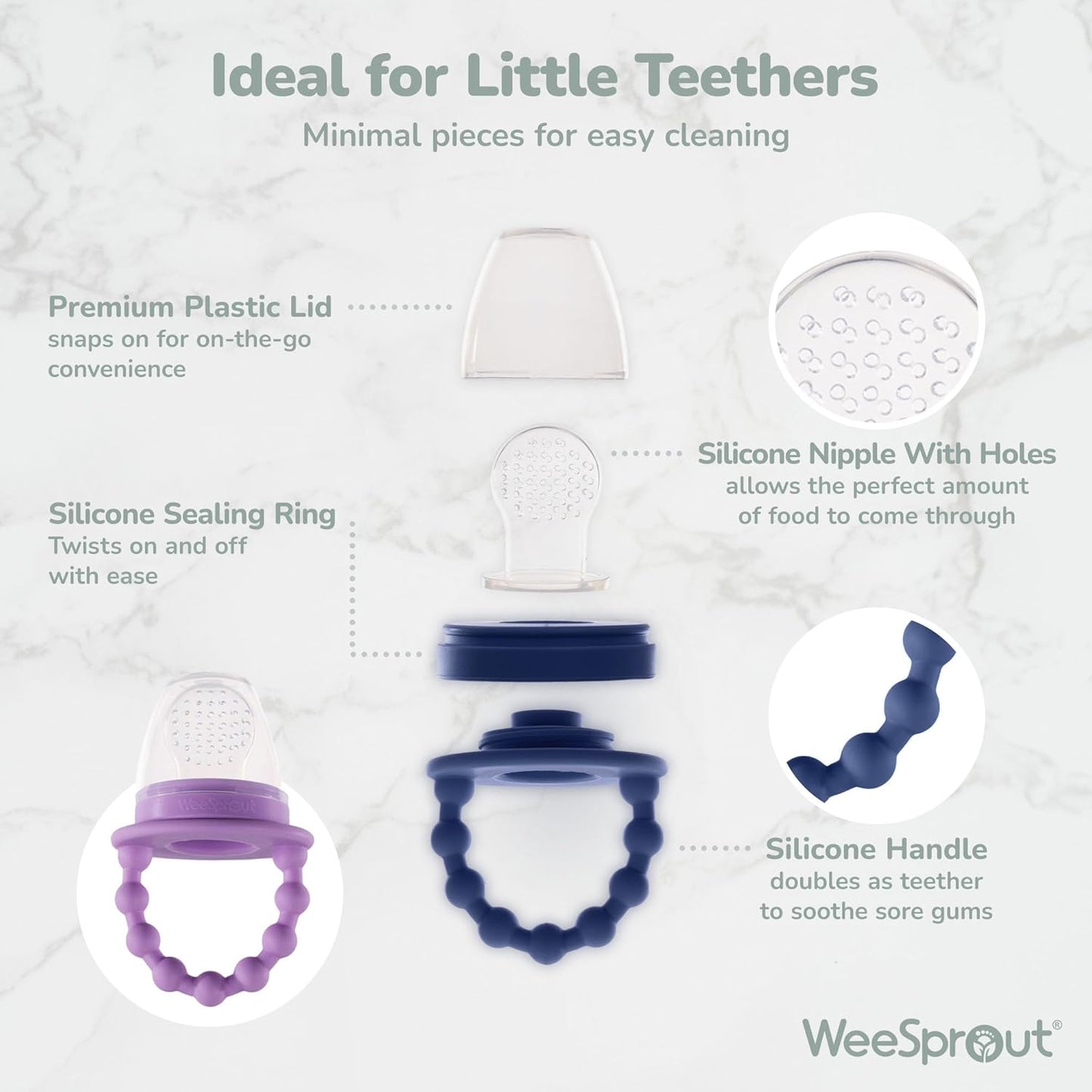 WeeSprout Baby Food Feeder Set - 2 Silicone Feeders & Reusable Freezer Tray with Lid - BPA-Free Fresh Fruit & Veggie Pacifier for Babies & Toddlers - Double as Teething Toys - Dishwasher Safe