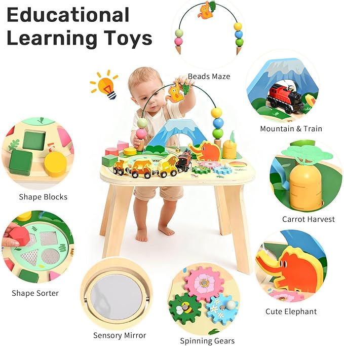 wingyz Activity Table for 1 Year Old Toddler, 9-in-1 Multi-Colorful Wooden Montessori Toys, Baby Play Table with Bead Maze Shape Sorter Train Toy, Educational Gifts for Kids Boys Girls