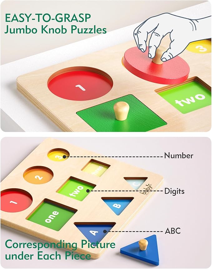 Montessori Puzzles for Babies 12-18-24 Months, Wooden Jumbo Knob Peg Puzzle Shape sorter for Toddlers 1-3 Year Old, Early Learning Sensorial Toys (Shapes & Size Sorting Puzzle)