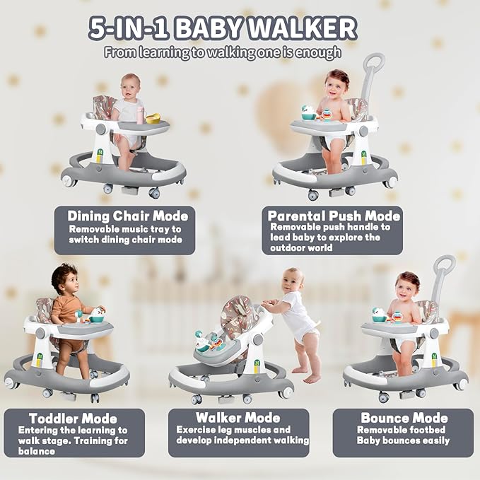 5 in 1 Baby Walker - Walkers for Babies 6-18 Months Adjustable Height, Baby Walker with Wheels, Baby Walkers for Boys, Baby Walker with Foot Pads/Handles, Baby Walker Portable Foldable