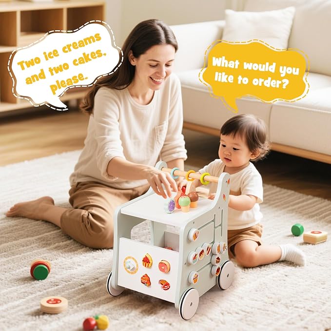 HONEY JOY Baby Push Walker, 8-in-1 Wooden Kids Ice Cream Cart & Activity Walker, Develop Motor Skills & Creativity, Dessert Shop Push Toys for Babies Learning to Walk, Gift for Boys and Girls (Green)