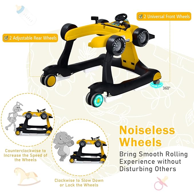 BABY JOY 4-in-1 Baby Walker, Foldable Activity Walker with Adjustable Height & Speed, Music, Lights, Anti-Rollover, Toddler Push Walker, Baby Walker with Wheels for Boys Girls 6-18 Months (Yellow)