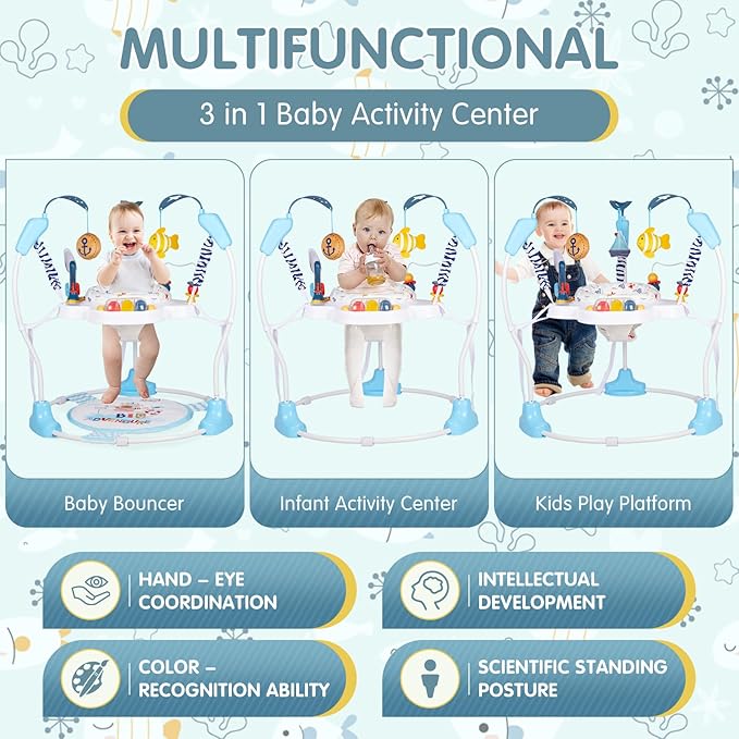 Baby Activity Center, 3-in-1 Baby Jumper, Infant Activity Center with 360° Rotating Seat, Music, Lights, 3 Adjustable Heights, Infant Activity Jumper for 6+ Months JP2401